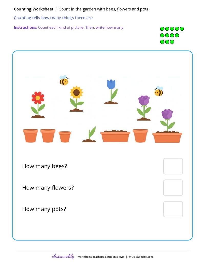 Count in the garden with bees, flowers and pots