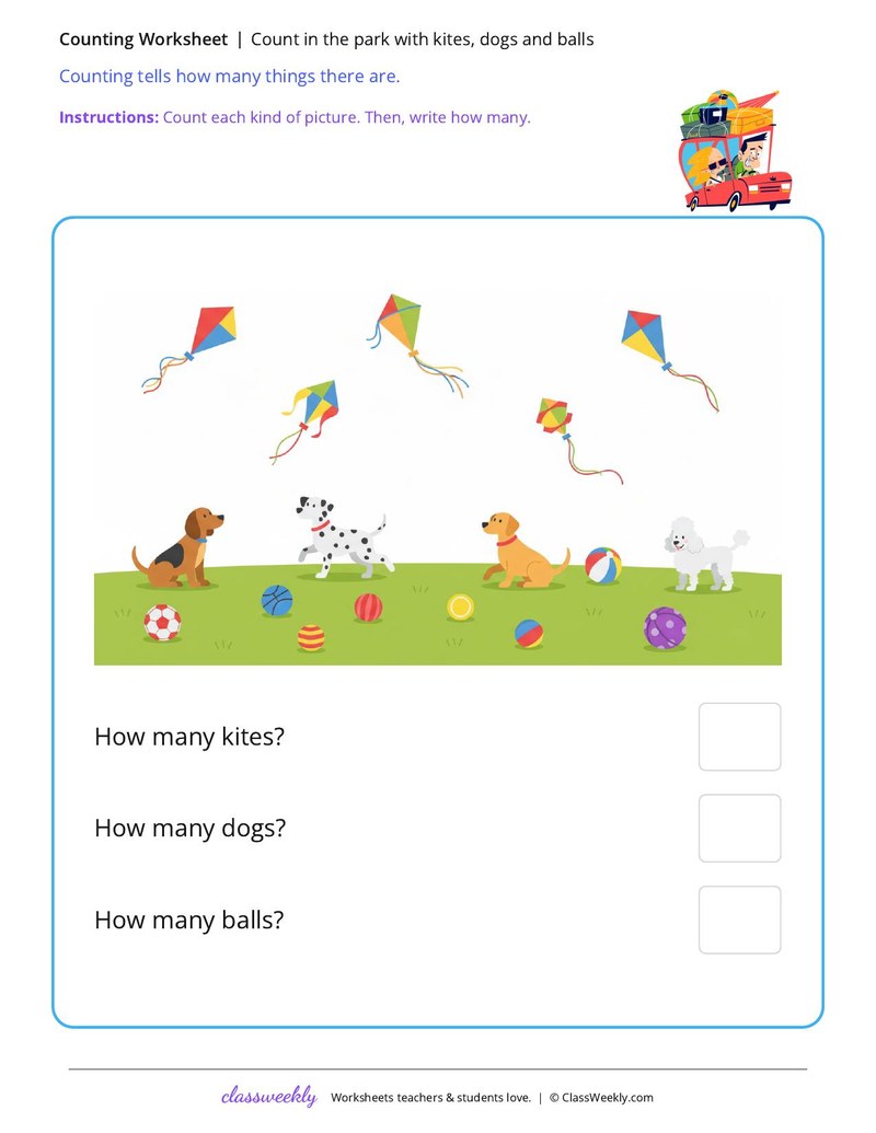 Count in the park with kites, dogs and balls