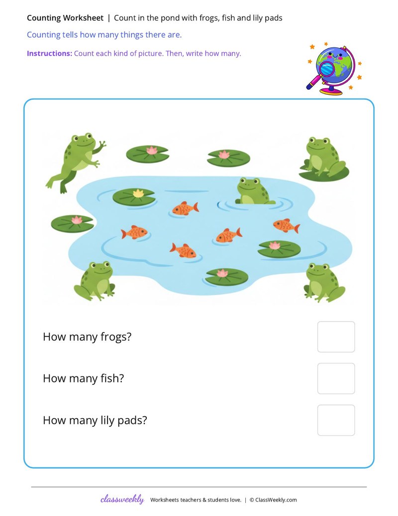 Count in the pond with frogs, fish and lily pads