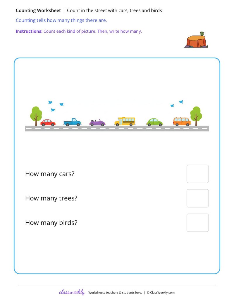 Count in the street with cars, trees and birds