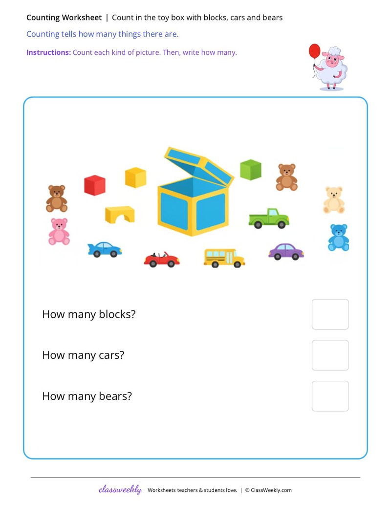 Count in the toy box with blocks, cars and bears