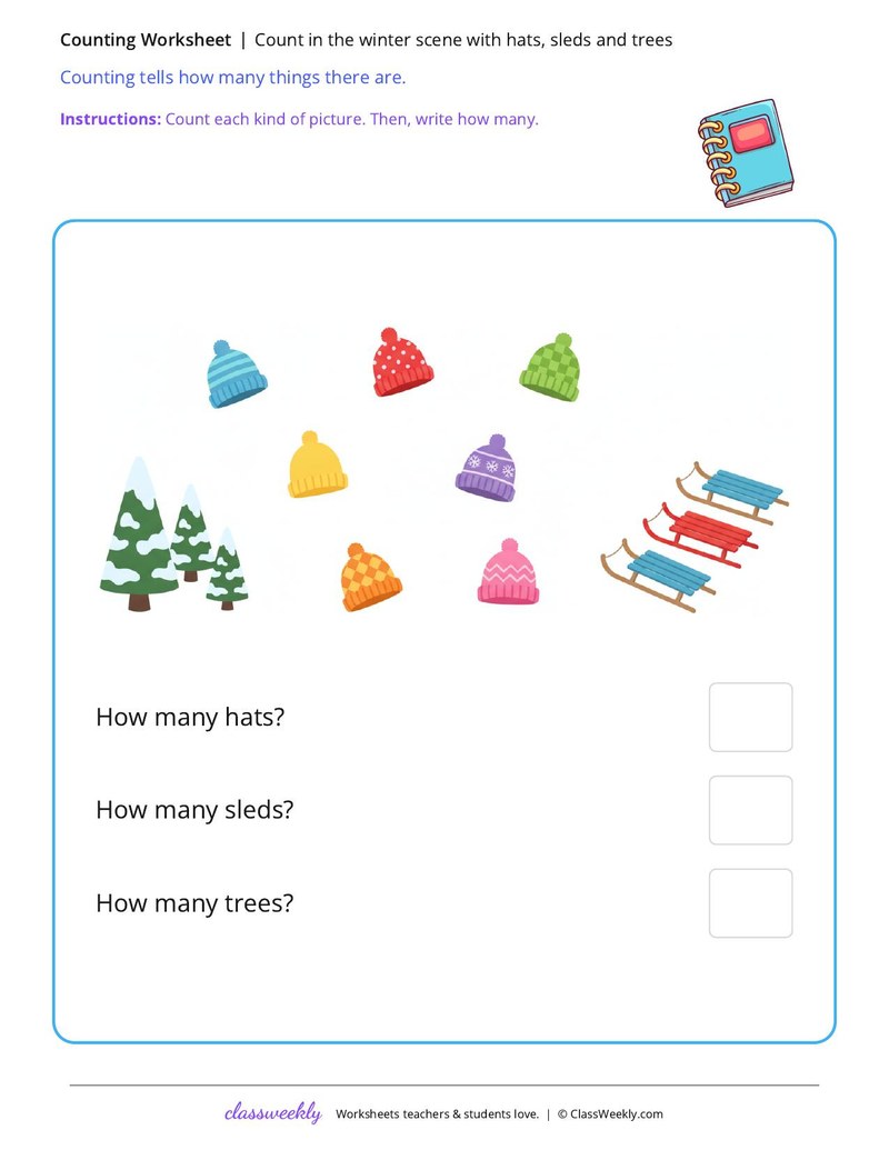 Count in the winter scene with hats, sleds and trees