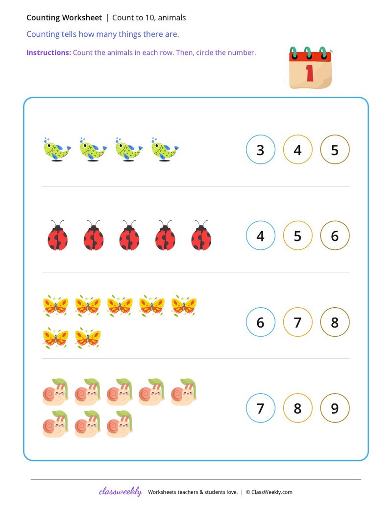 Count to 10, animals worksheet preview