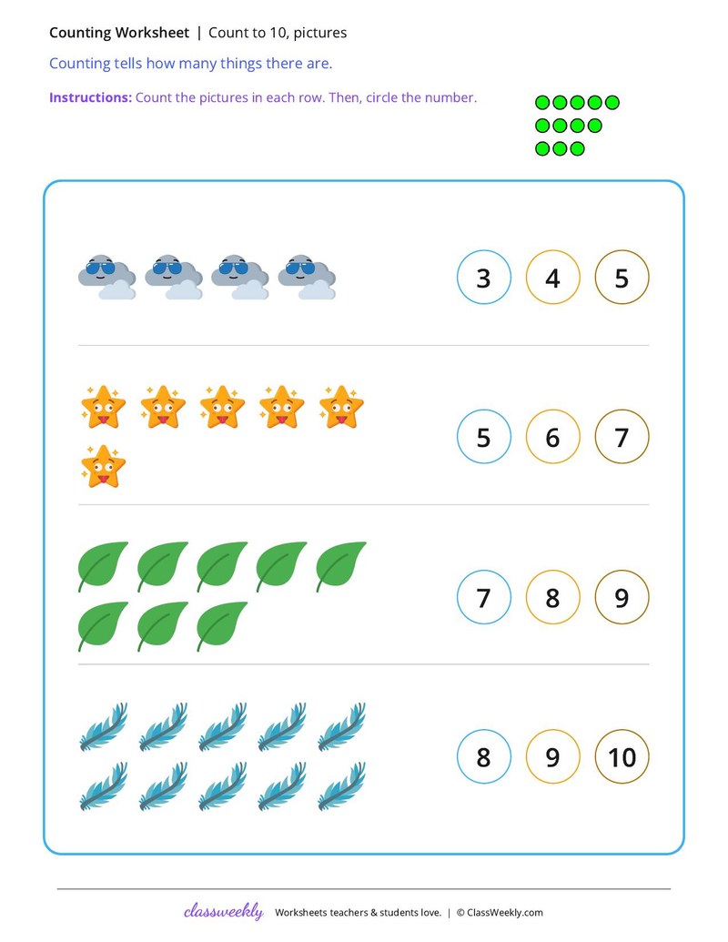 Count to 10, pictures worksheet preview