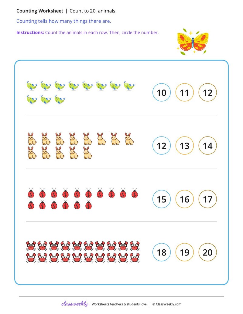 Count to 20, animals