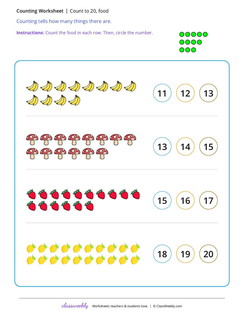 Count to 20, food worksheet preview