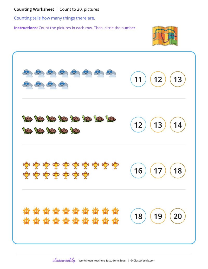Count to 20, pictures worksheet preview
