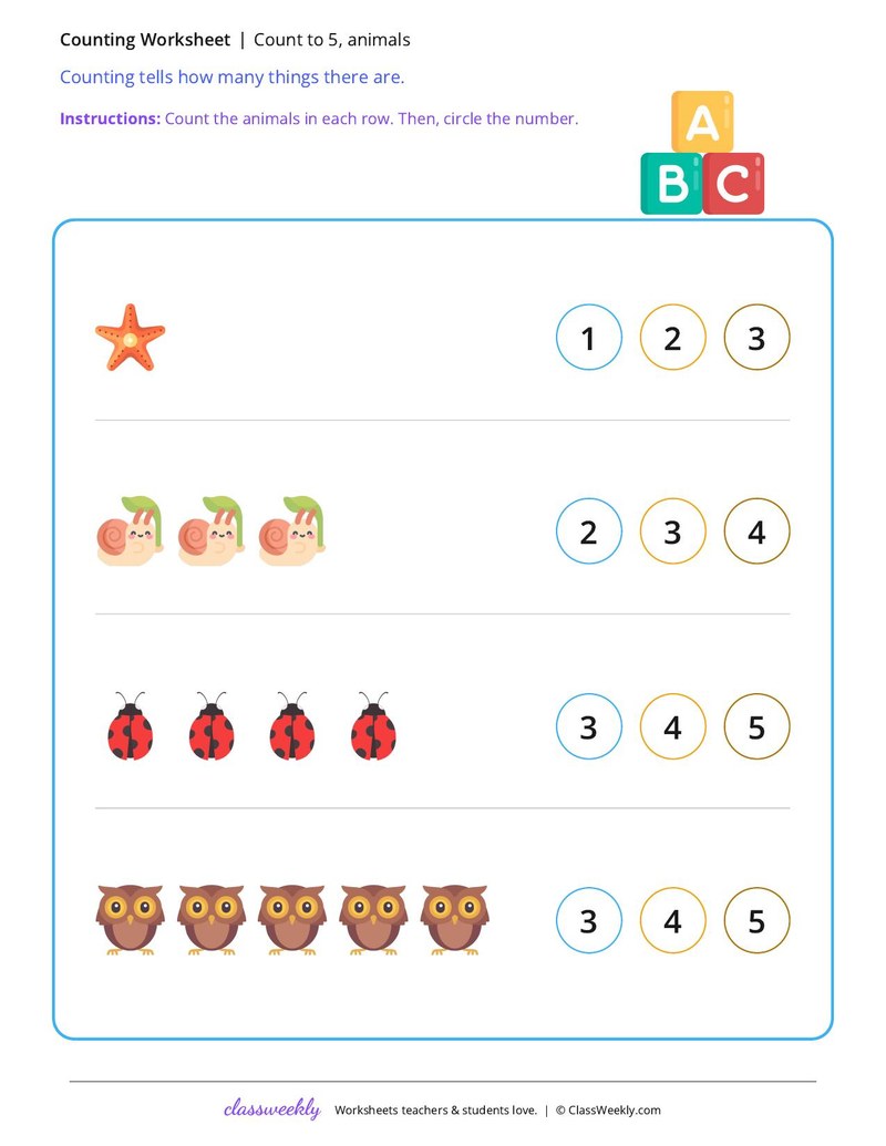 Count to 5, animals worksheet preview
