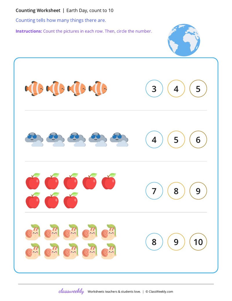 Earth Day, count to 10 worksheet preview
