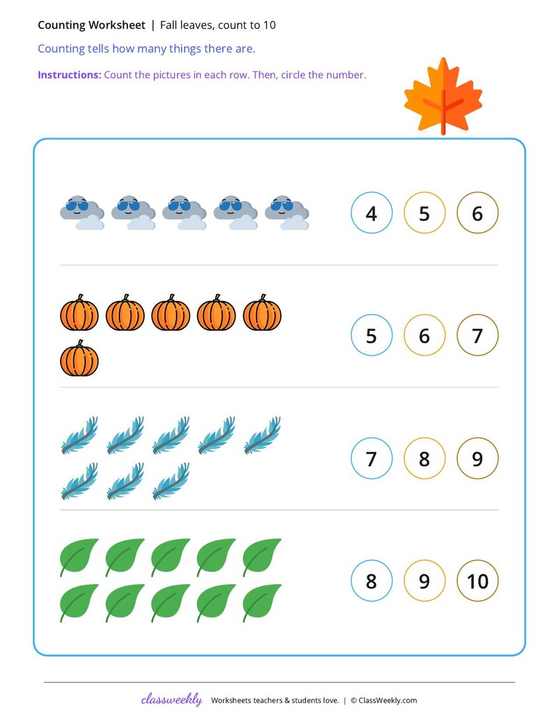 Fall leaves, count to 10 worksheet preview
