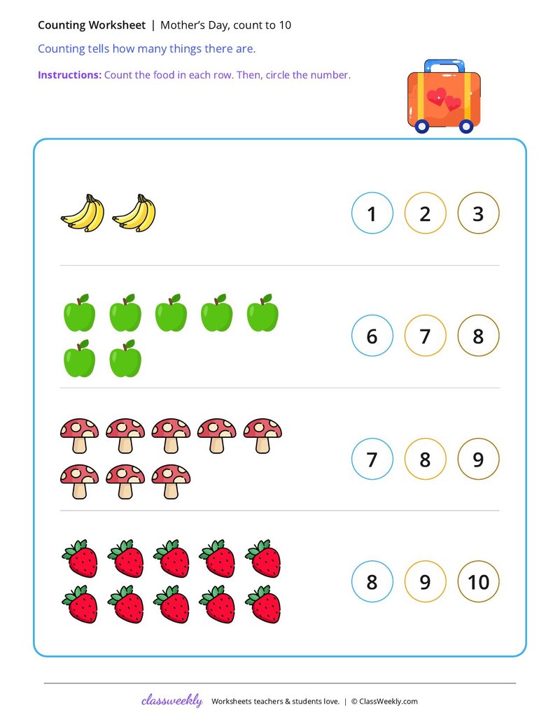 Mother’s Day, count to 10 worksheet preview