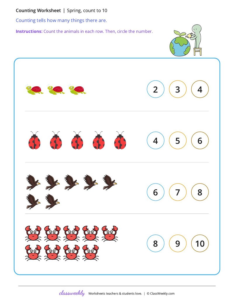 Spring, count to 10 worksheet preview