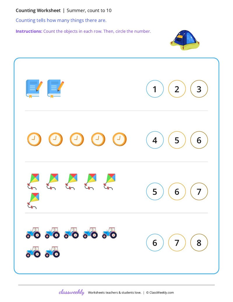 Summer, count to 10 worksheet preview