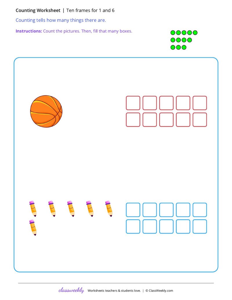 Ten frames for 1 and 6