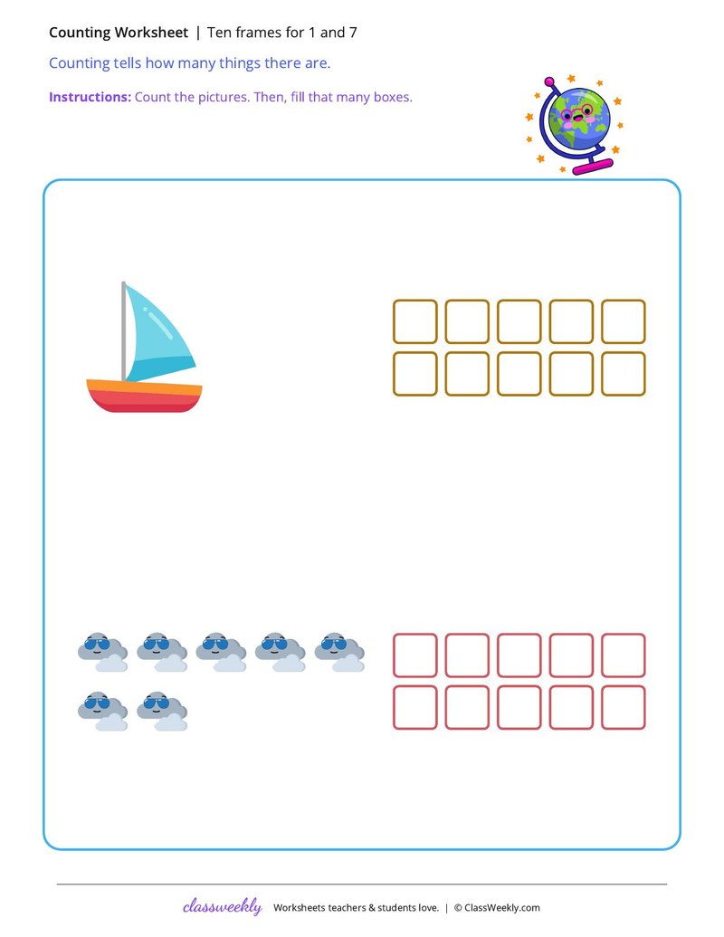 Ten frames for 1 and 7