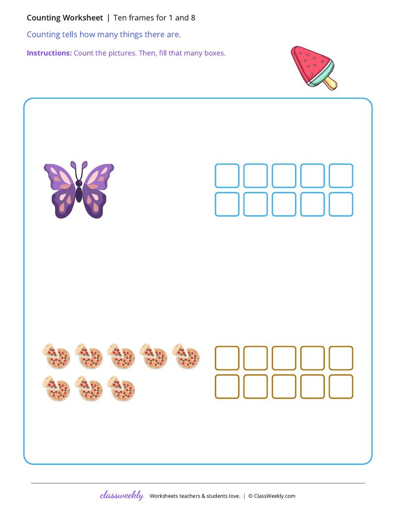Ten frames for 1 and 8