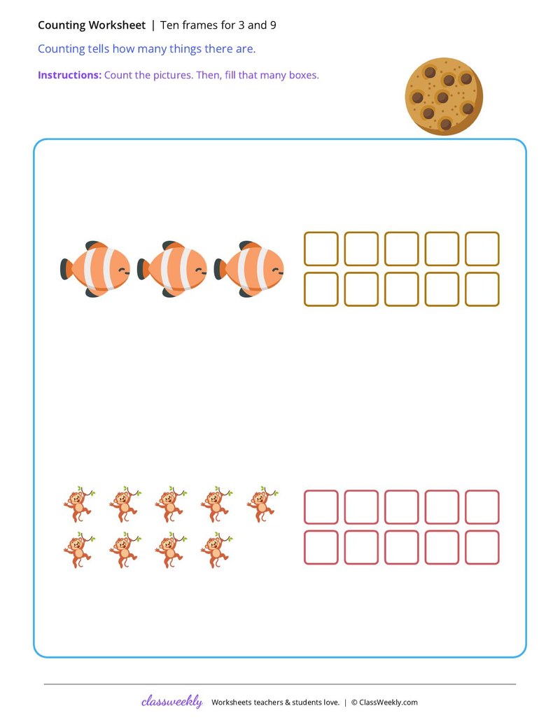 Ten frames for 3 and 9