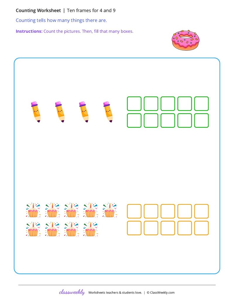 Ten frames for 4 and 9