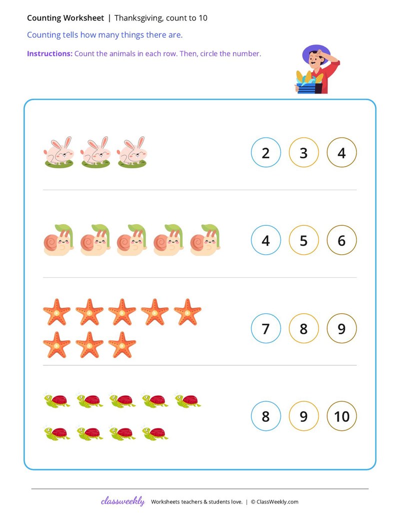 Thanksgiving, count to 10 worksheet preview