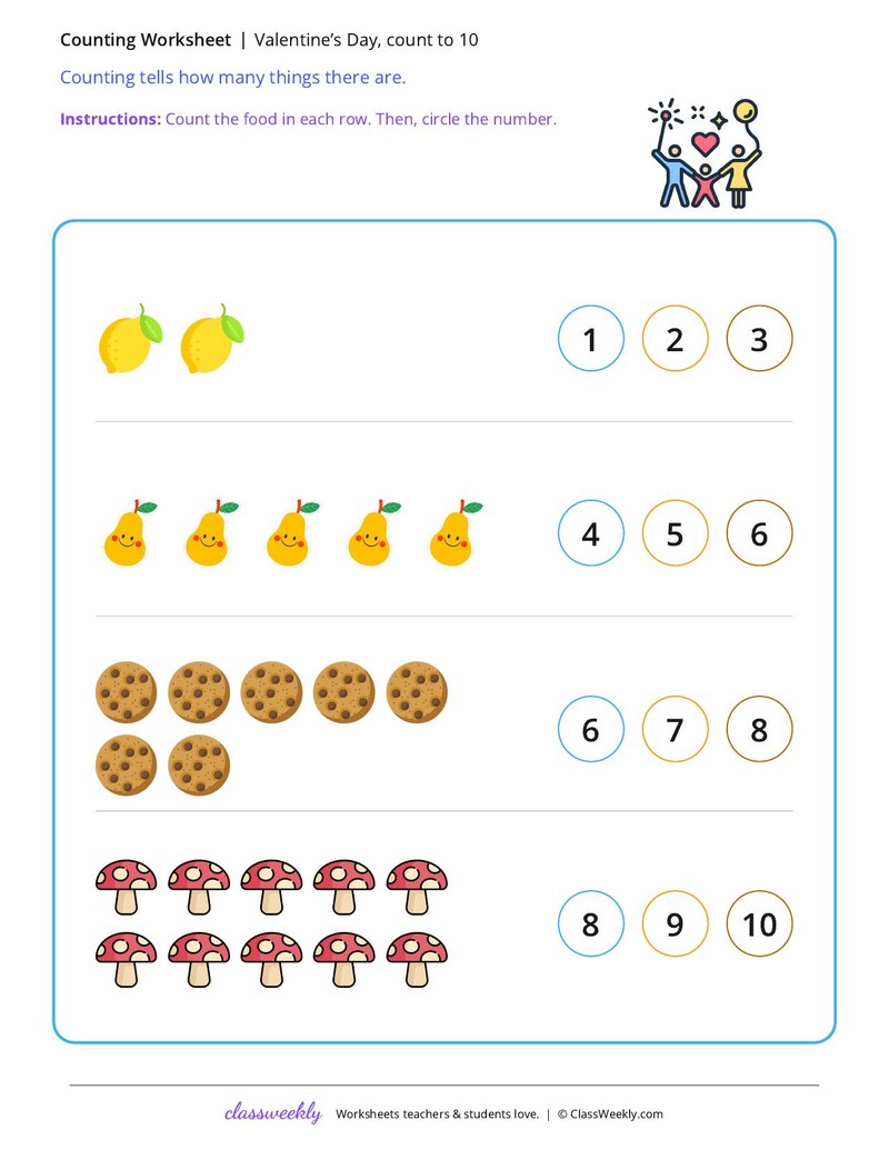 Valentine’s Day, count to 10 worksheet preview