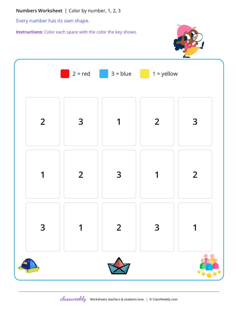 Color by number, 1, 2, 3