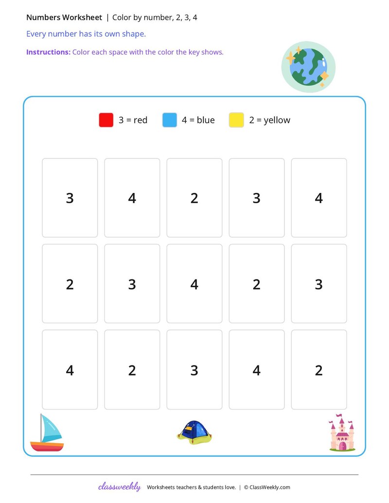 Color by number, 2, 3, 4