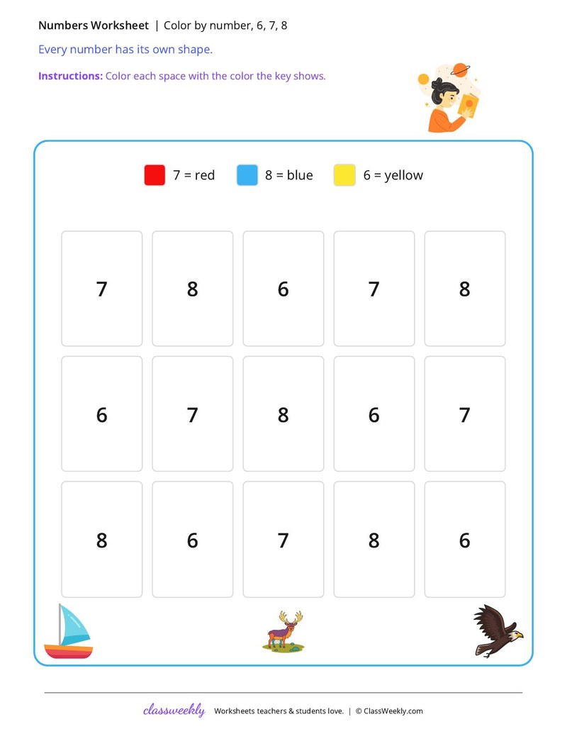 Color by number, 6, 7, 8