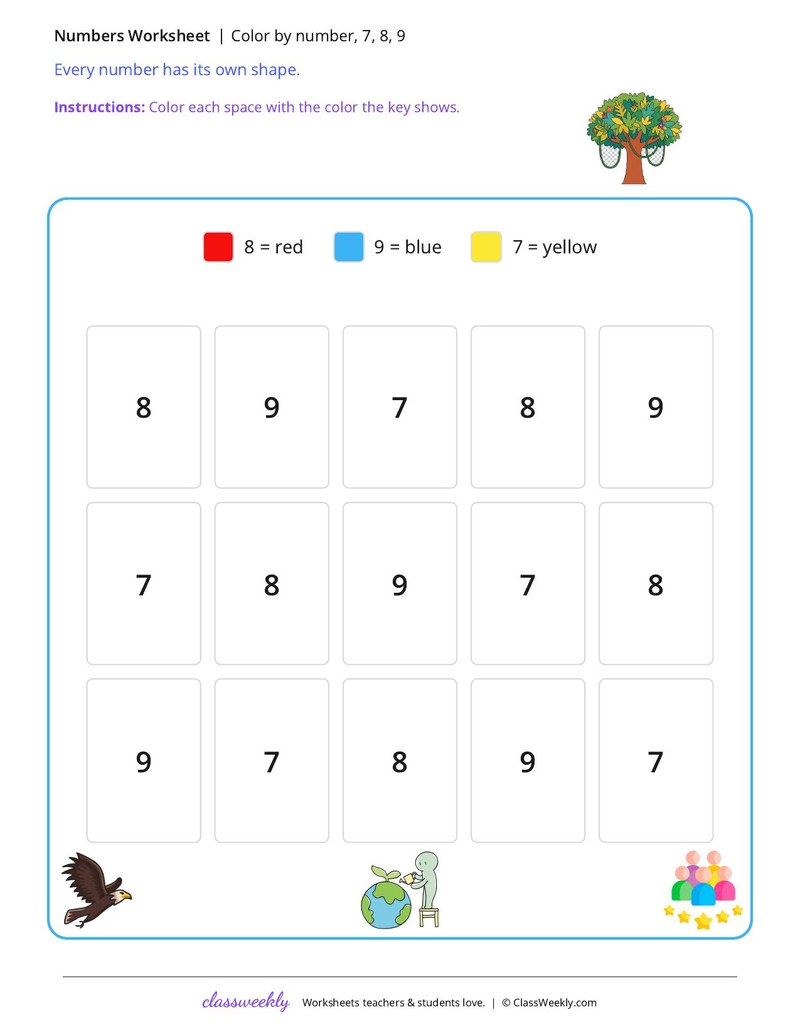 Color by number, 7, 8, 9