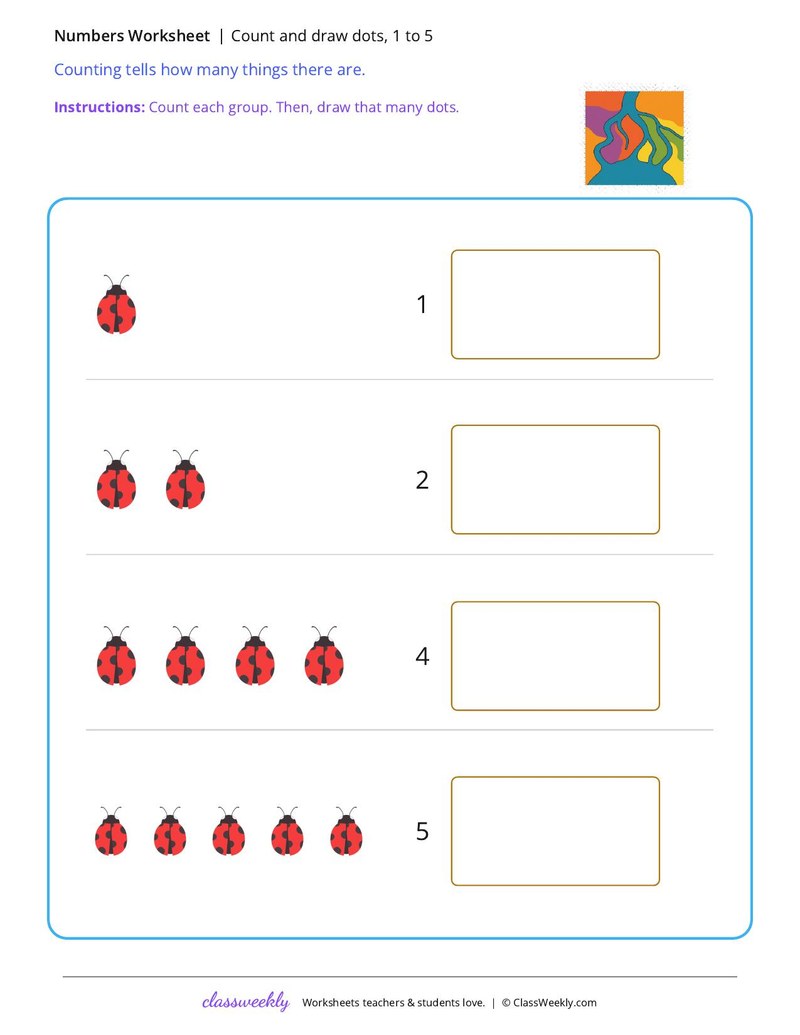 Count and draw dots, 1 to 5 worksheet preview