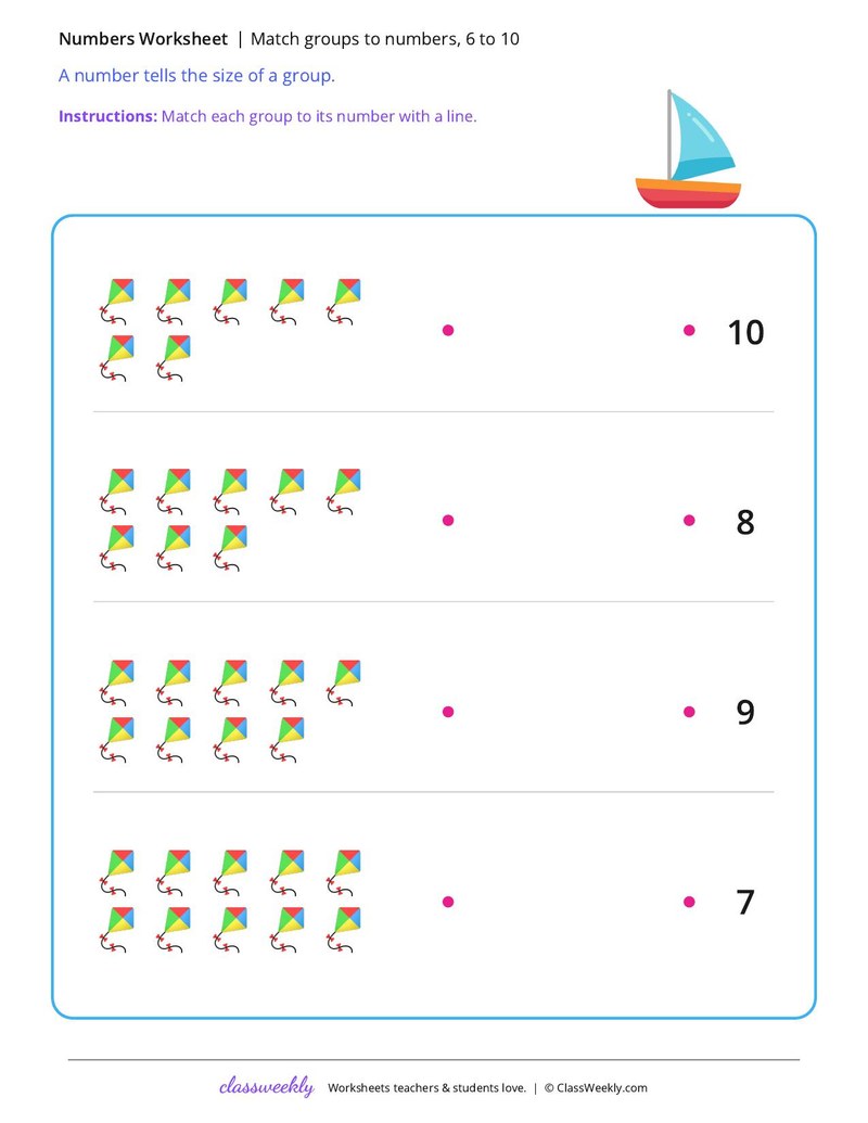 Match groups to numbers, 6 to 10 worksheet preview
