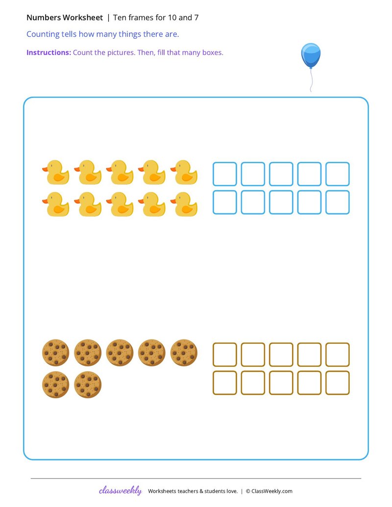 Ten frames for 10 and 7 - Set 1
