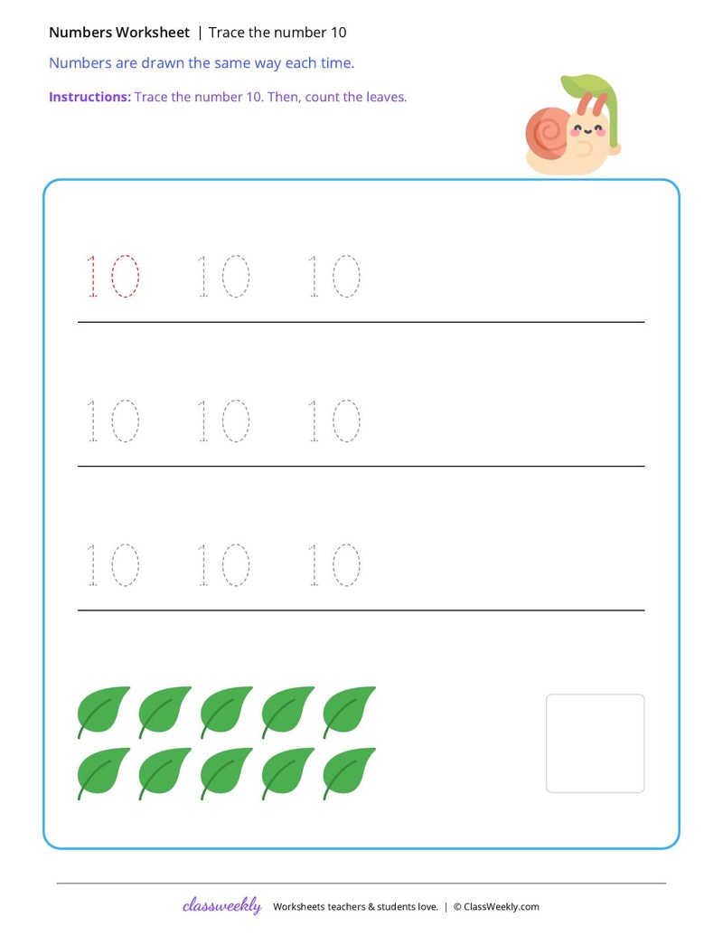 Trace the number 10 worksheet preview