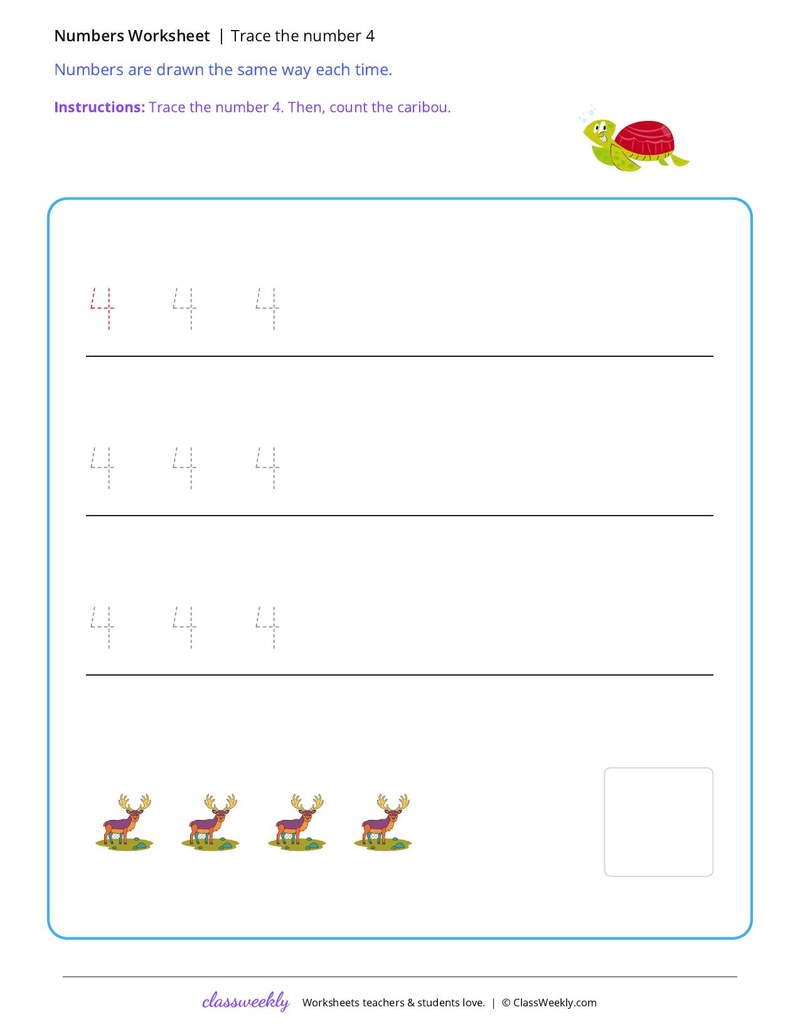 Trace the number 4 worksheet preview