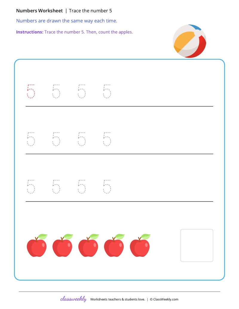 Trace the number 5 worksheet preview