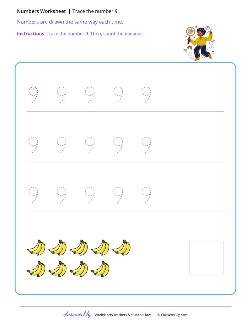 Trace the number 9 worksheet preview