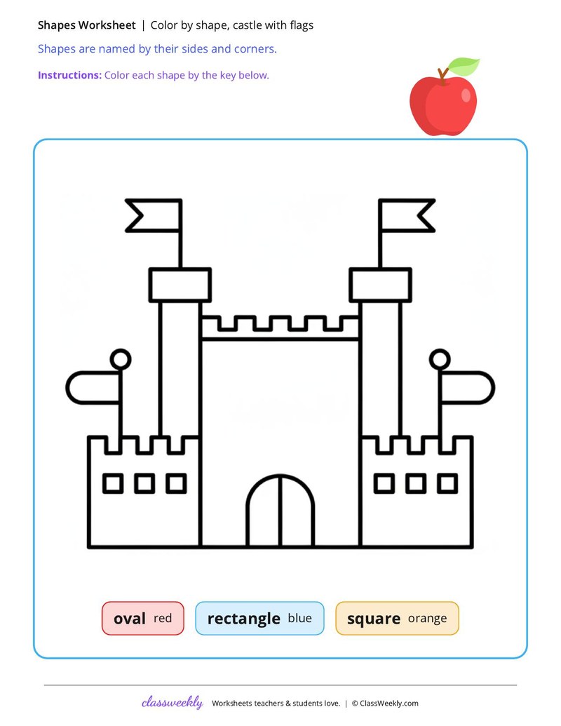 Color by shape, castle with flags