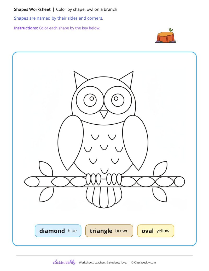 Color by shape, owl on a branch