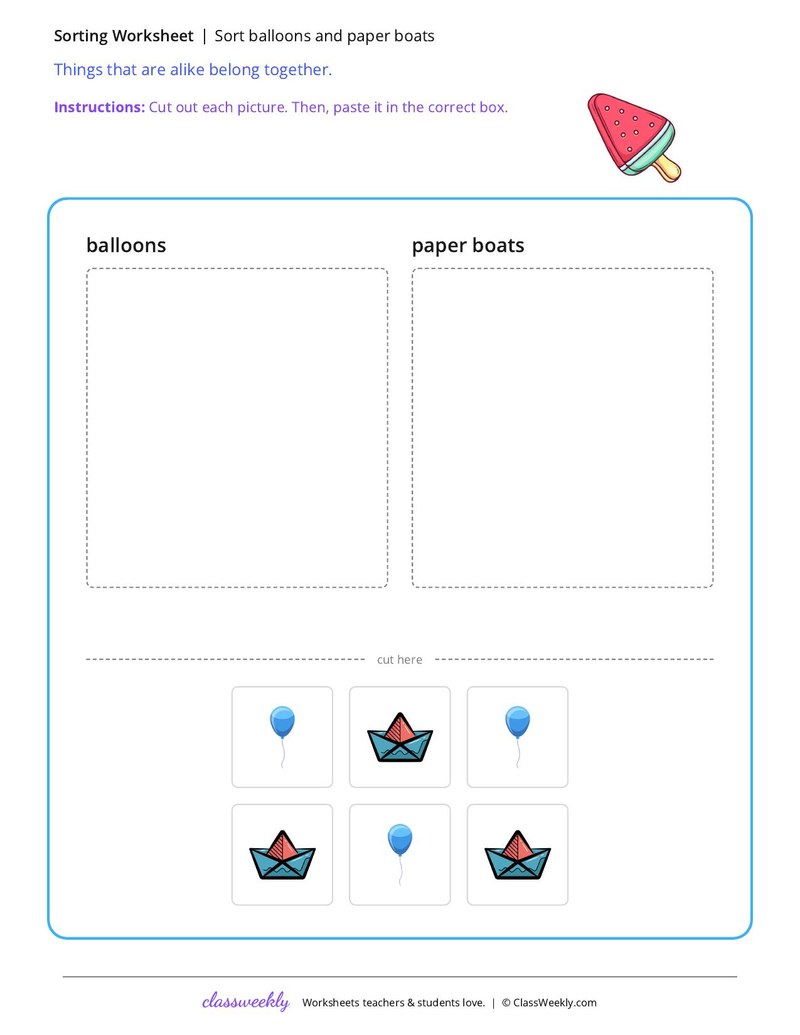 Sort balloons and paper boats