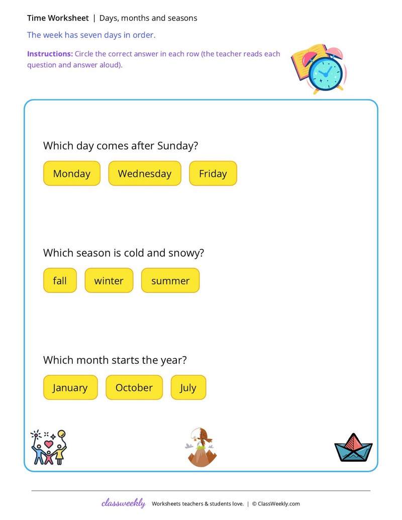 Days, months and seasons worksheet preview