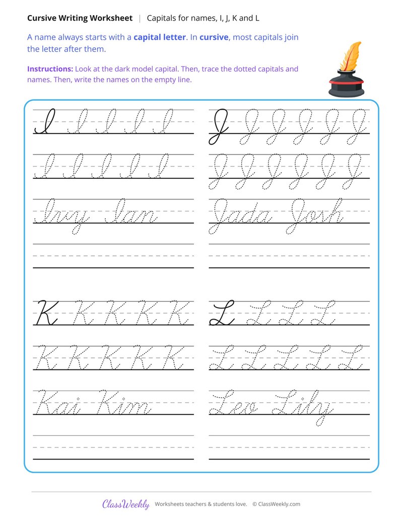 Cursive Capitals, I, J, K and L