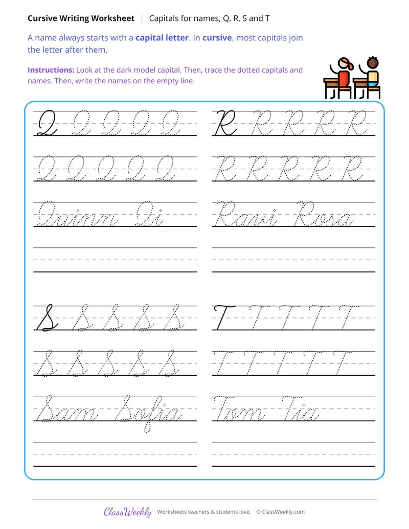 Cursive Capitals, Q, R, S and T