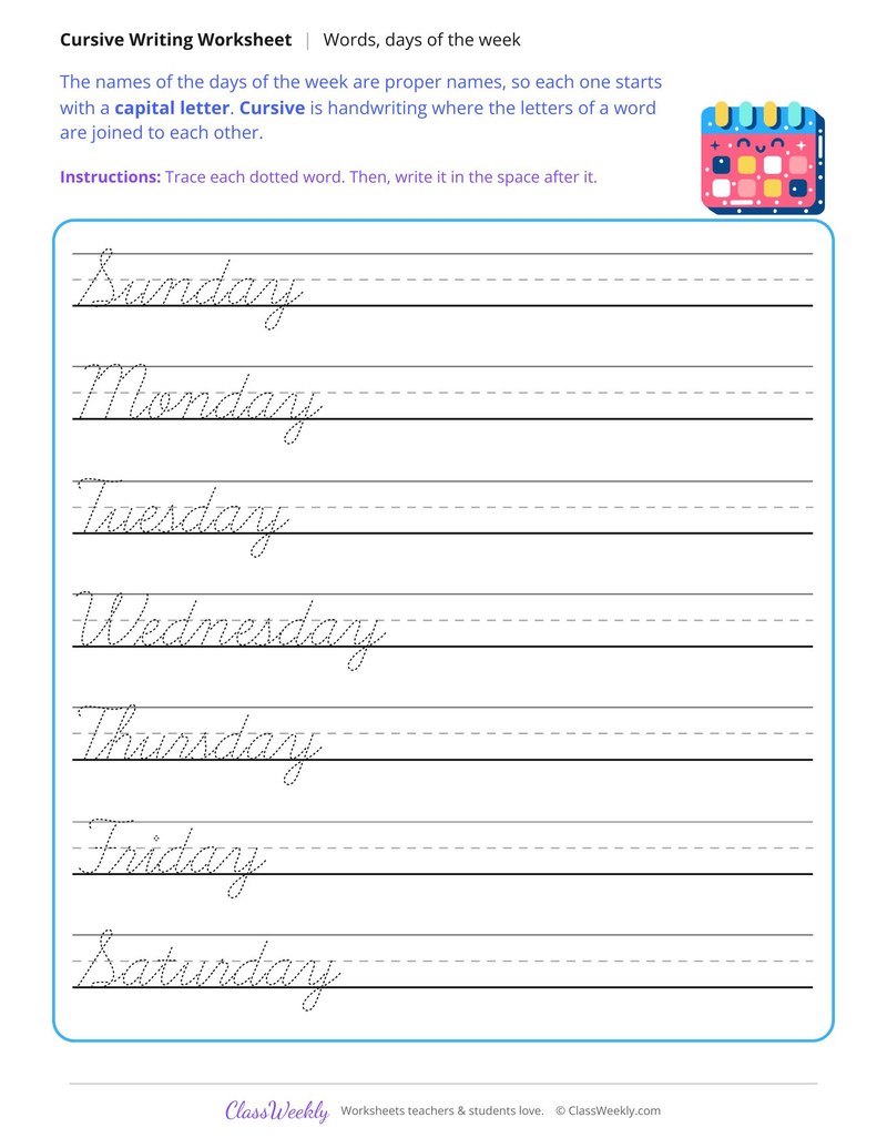 Cursive Days of the Week