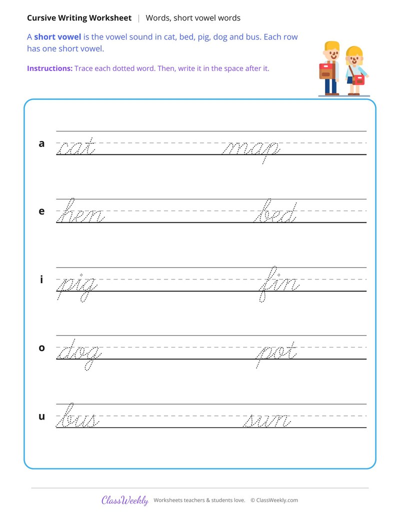 Cursive Short Vowel Words