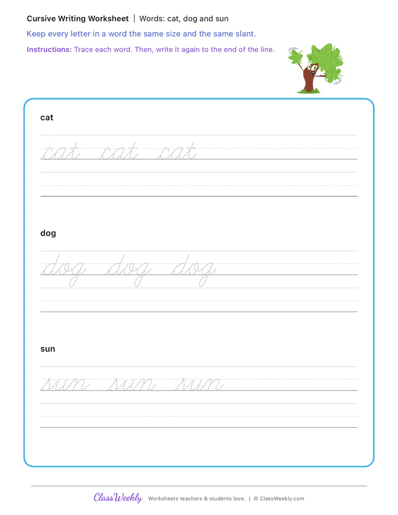 Words: cat, dog and sun