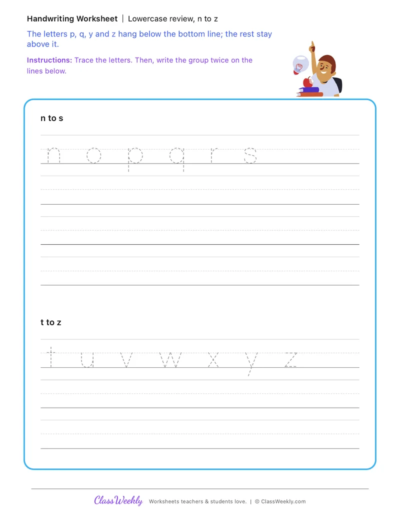 Lowercase review, n to z
