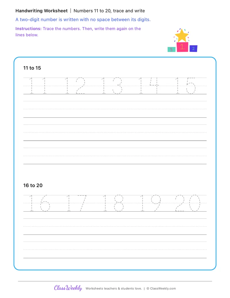 Numbers 11 to 20, trace and write