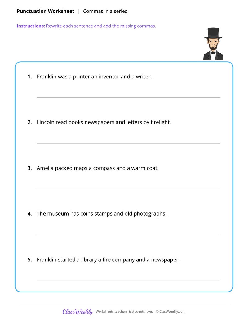 Commas in a Series worksheet preview