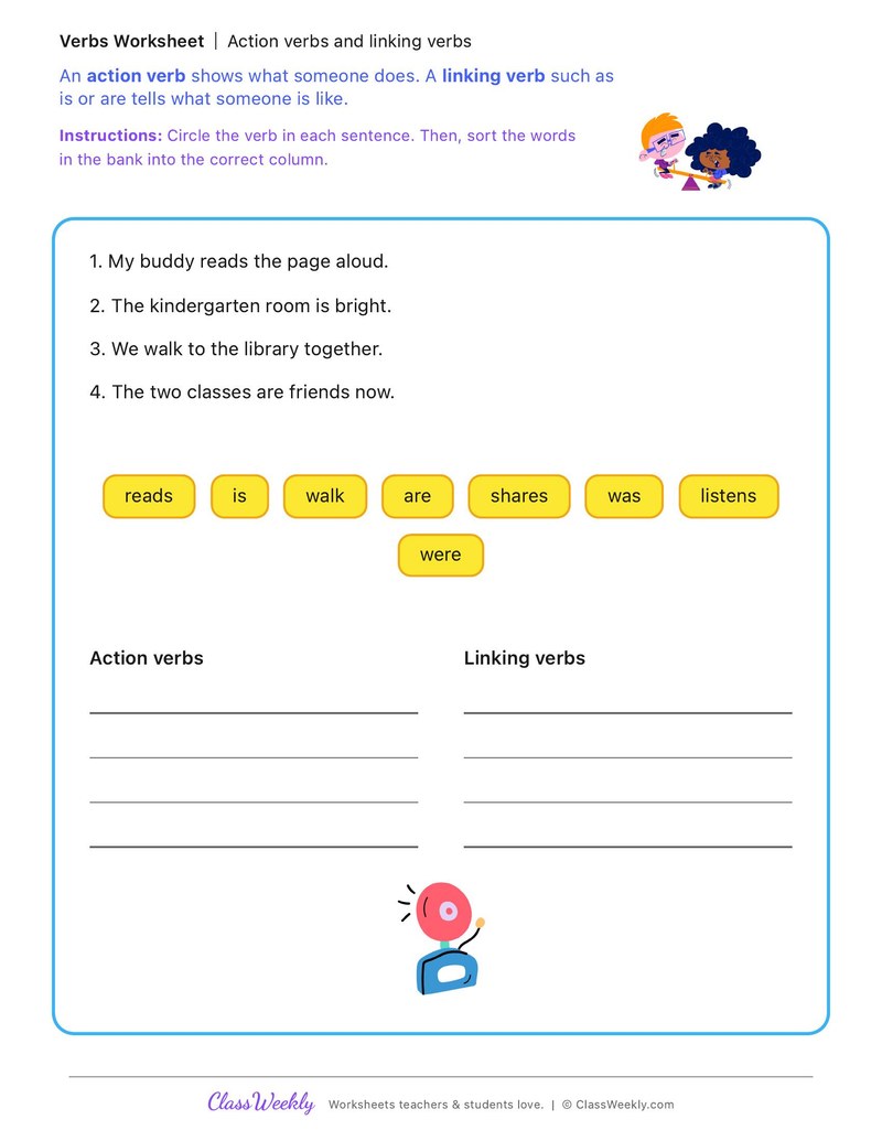 Action verbs and linking verbs - Kindergarten Buddy Day