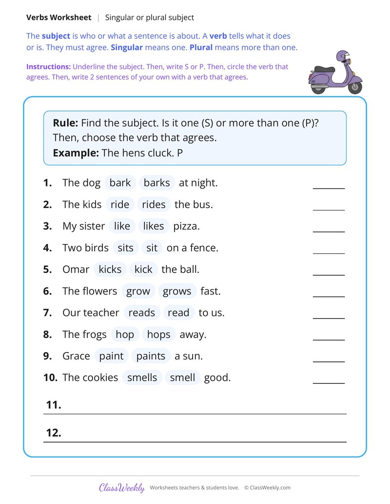 Singular or Plural Subject? Circle the Verb