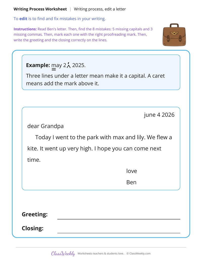 Edit a Friendly Letter for Capitals and Commas